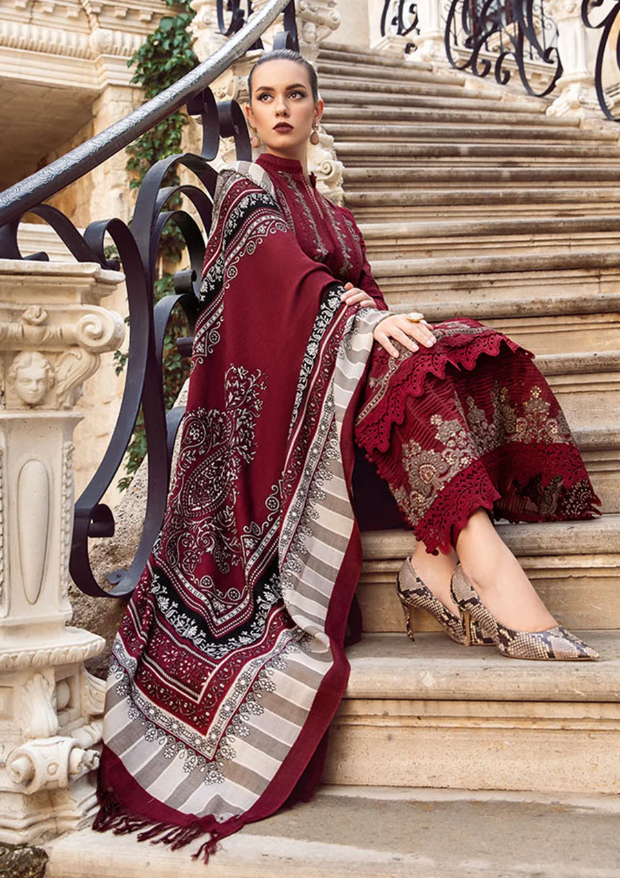 MARIA B - 3PC DHANAK EMBROIDERED SHIRT WITH COUTURE WOOL PRINT SHAWL AND DHANAK TROUSER-14043