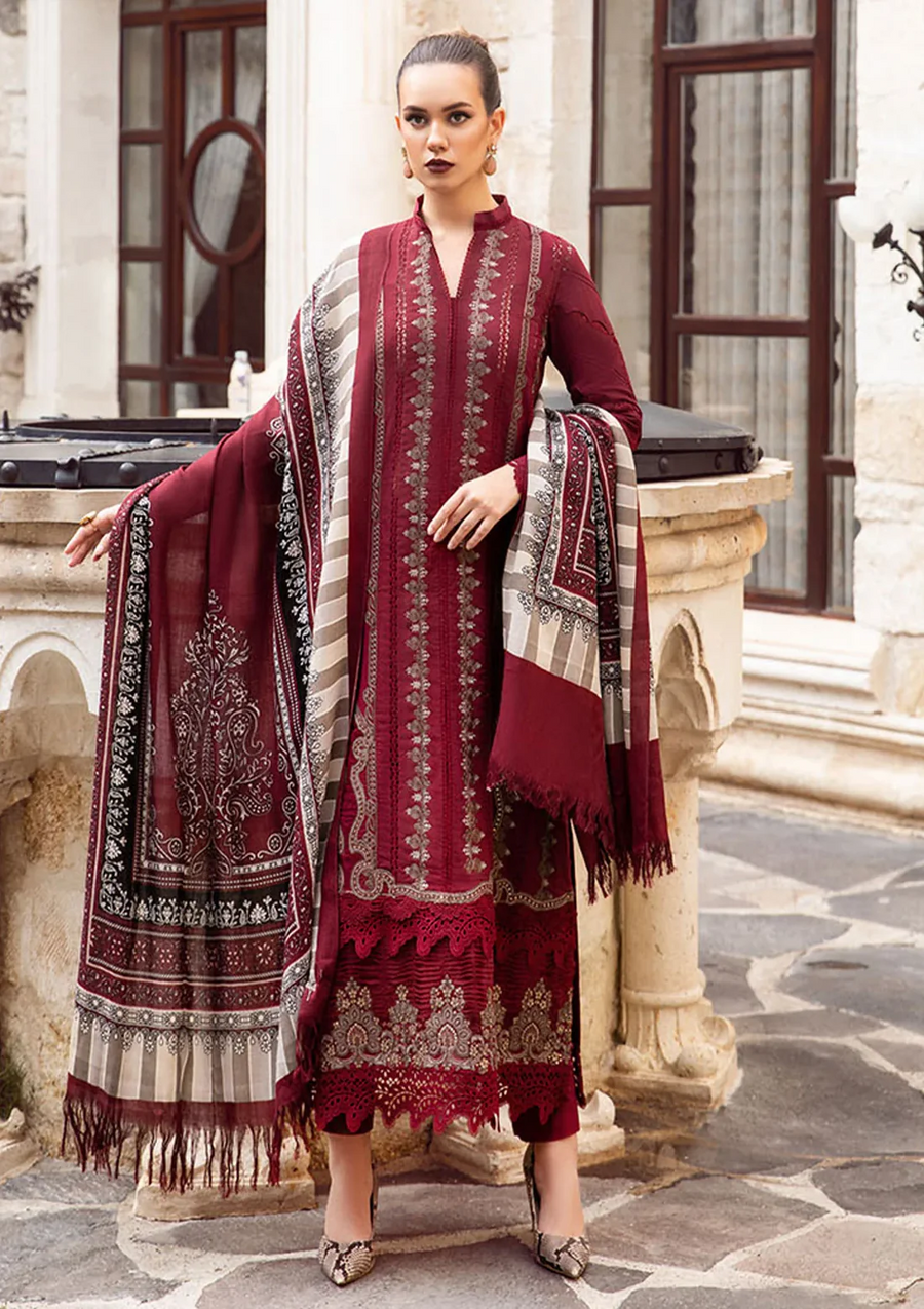 MARIA B - 3PC DHANAK EMBROIDERED SHIRT WITH COUTURE WOOL PRINT SHAWL AND DHANAK TROUSER-14043