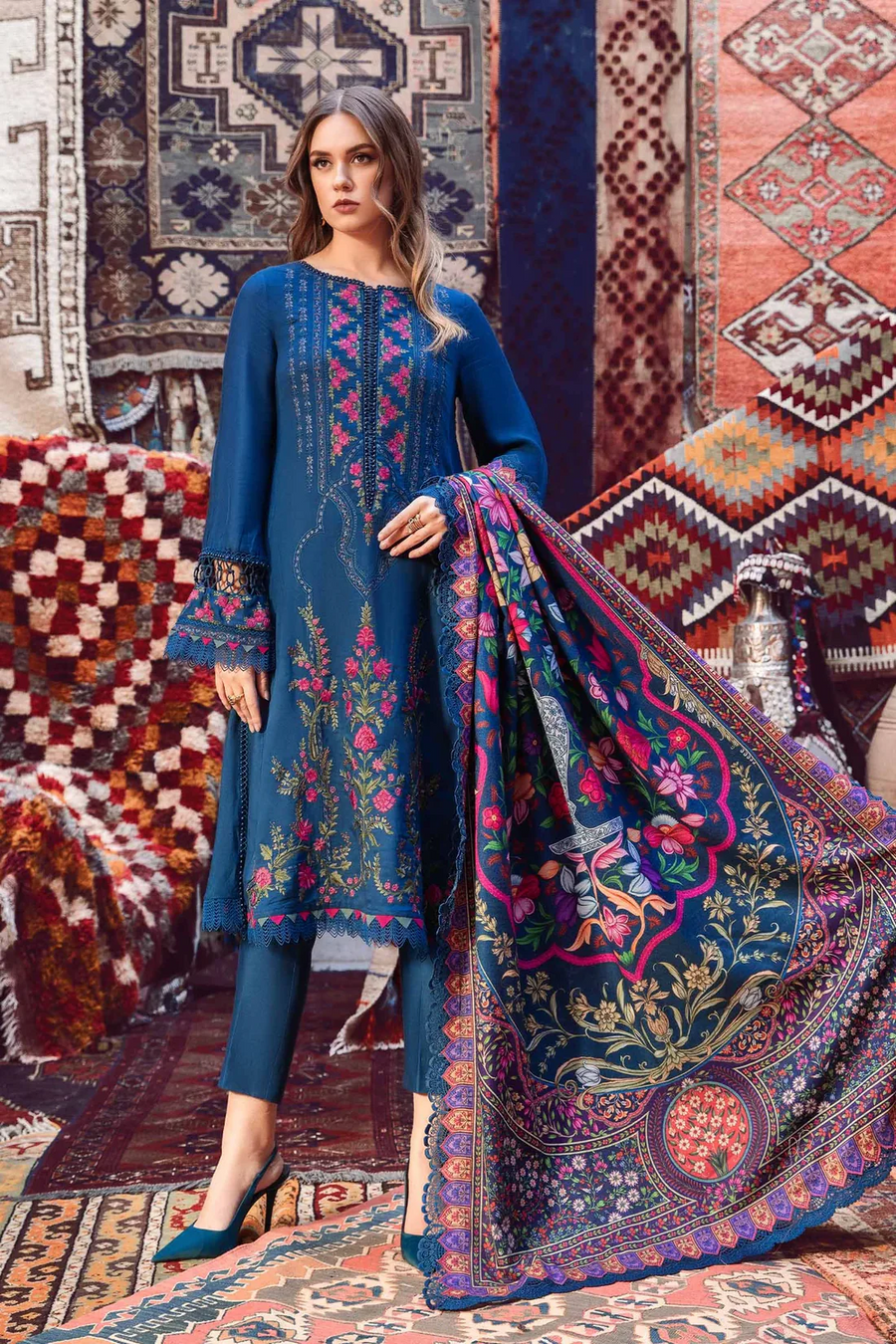 MARIA B - 3PC DHANAK EMBROIDERED SHIRT WITH COUTRAI PRINT SHAWL AND TROUSER - 14075