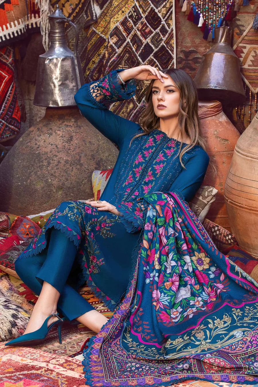 MARIA B - 3PC DHANAK EMBROIDERED SHIRT WITH COUTRAI PRINT SHAWL AND TROUSER - 14075