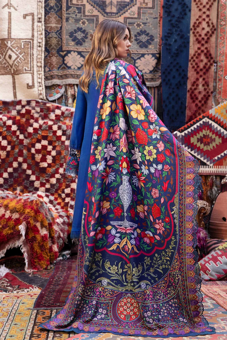 MARIA B - 3PC DHANAK EMBROIDERED SHIRT WITH COUTRAI PRINT SHAWL AND TROUSER - 14075