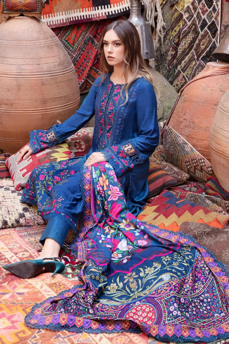 MARIA B - 3PC DHANAK EMBROIDERED SHIRT WITH COUTRAI PRINT SHAWL AND TROUSER - 14075