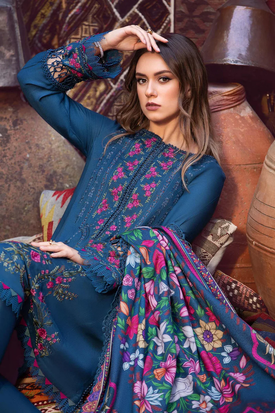 MARIA B - 3PC DHANAK EMBROIDERED SHIRT WITH COUTRAI PRINT SHAWL AND TROUSER - 14075