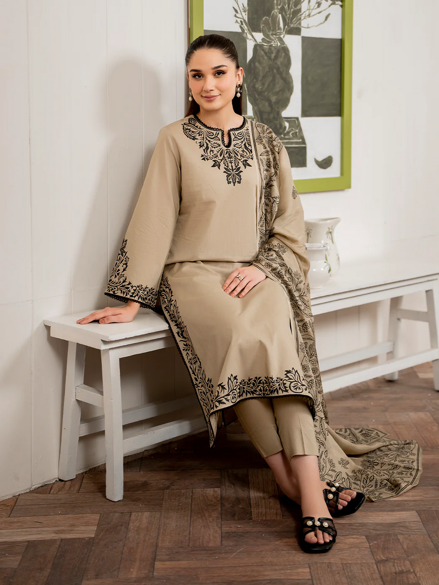 GARNET 3PC DHANAK EMBROIDERED SHIRT WITH COUTRAI PRINT SHAWL AND TROUSER-4108