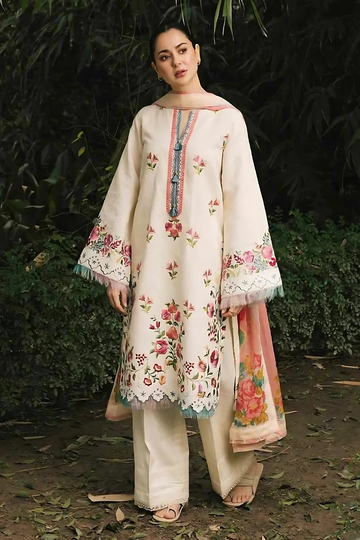 ZARA SHAHJAHAN - 3PC DHANK EMBROIDERED SHIRT WITH COUTRAI WOOL SHAWL & TROUSER - 4133