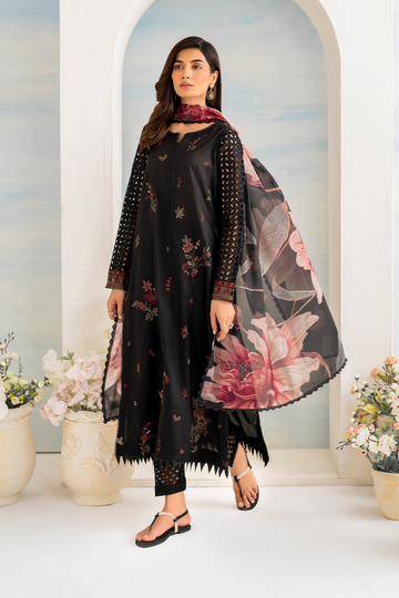 IZNIK 3PC DHANAK EMBROIDERED SHIRT WITH COUTURE PRINT SHAWL AND EMB TROUSER-4137