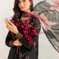 IZNIK 3PC DHANAK EMBROIDERED SHIRT WITH COUTURE PRINT SHAWL AND EMB TROUSER-4137