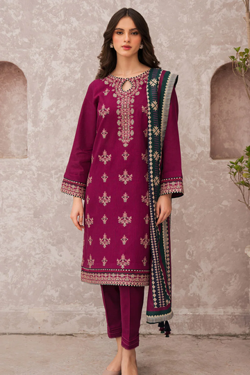 JAZMIN 3PC DHANAK EMBROIDERED SHIRT WITH COURTRAIWOOL PRINT SHAWL-4015