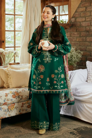 ZARA SHAHJAHAN - 3PC DHANAK EMBROIDERED SHIRT WITH COUTRAI PRINTED SHAWL & EMB TROUSER - 4111