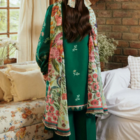 ZARA SHAHJAHAN - 3PC DHANAK EMBROIDERED SHIRT WITH COUTRAI PRINTED SHAWL & EMB TROUSER - 4111