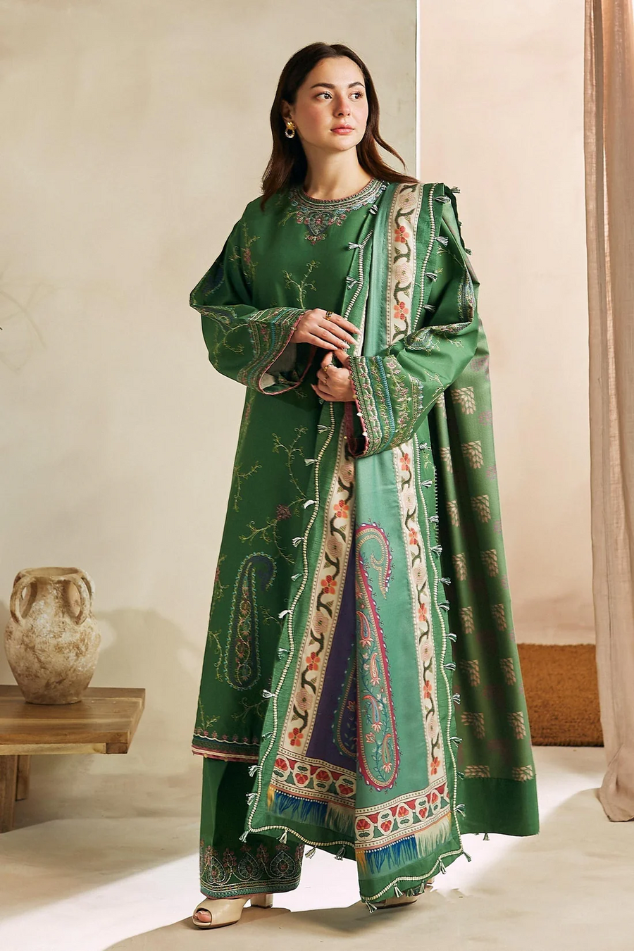 ZARA SHAH JAHAN - 3PC LAWN EMBROIDERED SHIRT WITH MANAAR PRINTED DUPATTA AND TROUSER - 3536