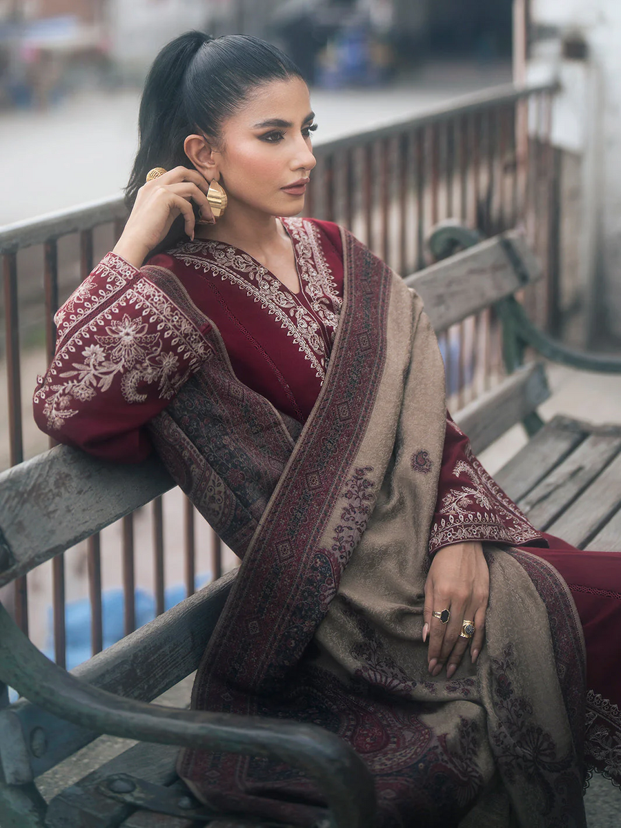 IZEL-3PC DHANAK EMBROIDERED SHIRT WITH COUTRAI PRINTED SHAWL AND TROUSER-BIC-4127
