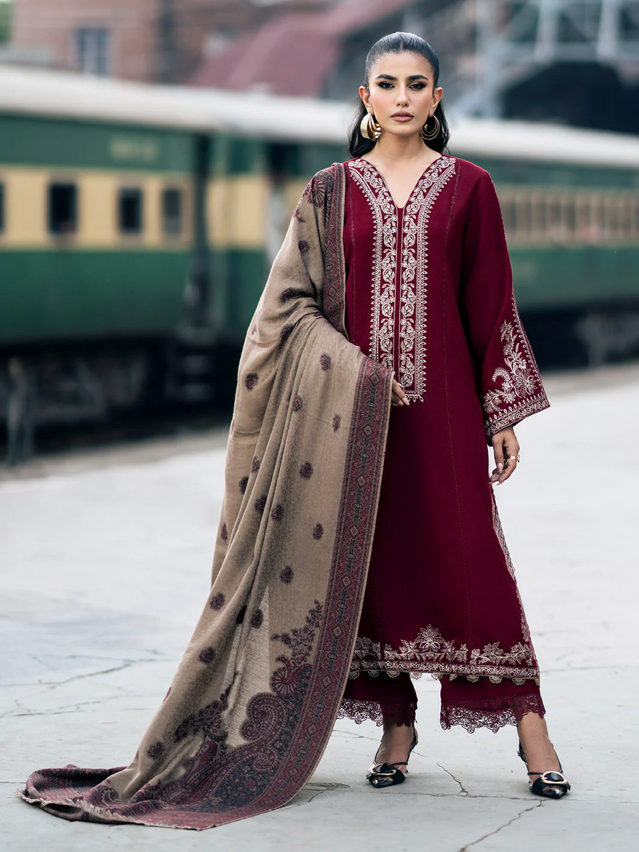 IZEL-3PC DHANAK EMBROIDERED SHIRT WITH COUTRAI PRINTED SHAWL AND TROUSER-BIC-4127