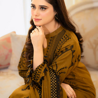 LIBAAS-3PC DHANAK EMBROIDERED SHIRT WITH DHANAK EMBROIDERED SHAWL & EMB TROUSER-BIC - 4183