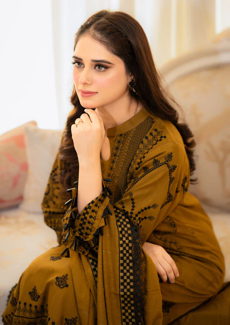 LIBAAS-3PC DHANAK EMBROIDERED SHIRT WITH DHANAK EMBROIDERED SHAWL & EMB TROUSER-BIC - 4183