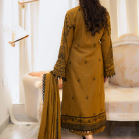 LIBAAS-3PC DHANAK EMBROIDERED SHIRT WITH DHANAK EMBROIDERED SHAWL & EMB TROUSER-BIC - 4183