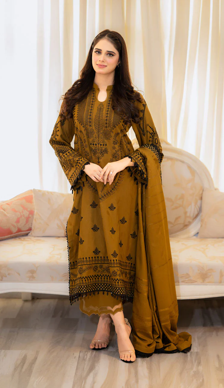 LIBAAS-3PC DHANAK EMBROIDERED SHIRT WITH DHANAK EMBROIDERED SHAWL & EMB TROUSER-BIC - 4183