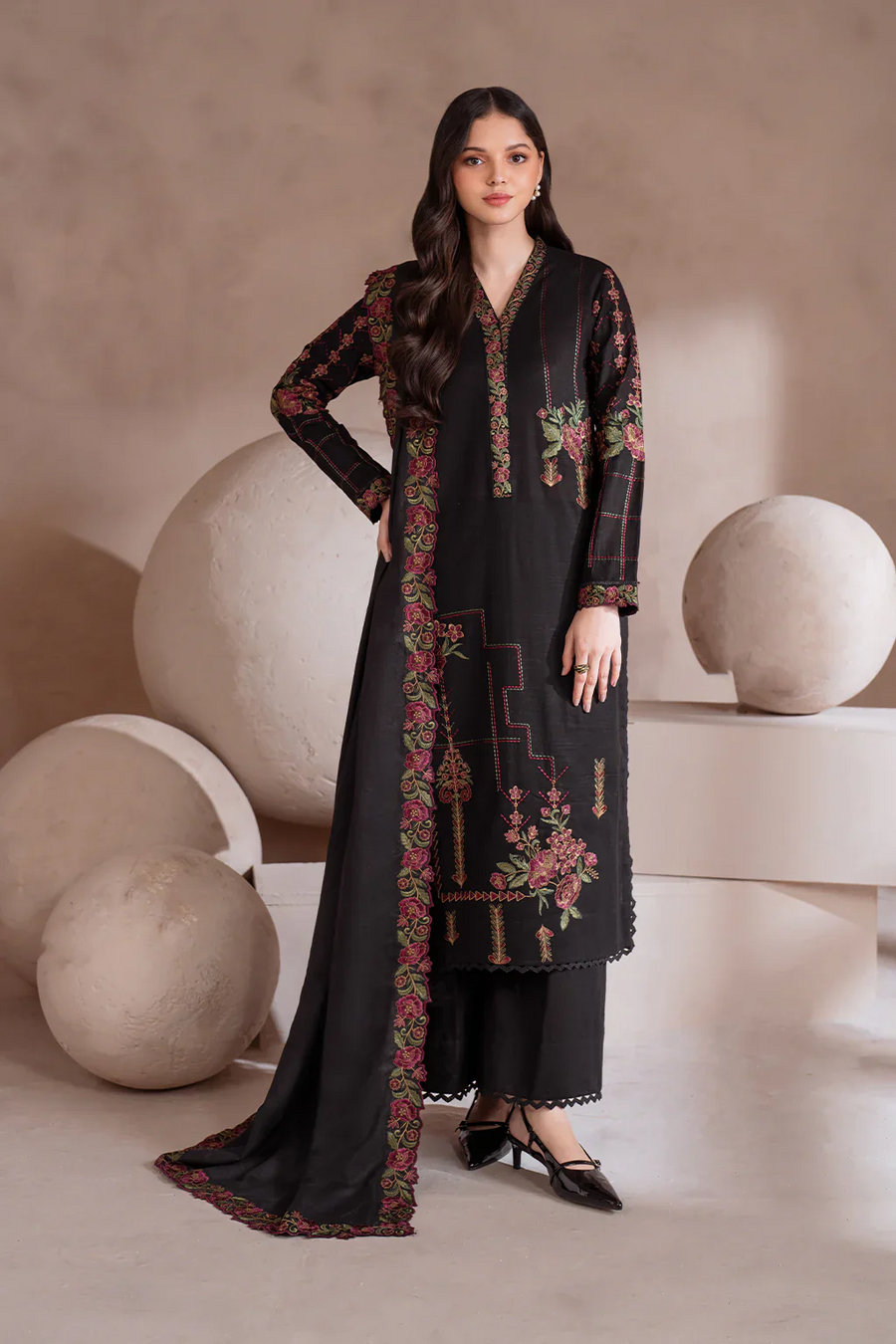 IZNIK 3PC DHANAK EMBROIDERED SHIRT WITH CHIFFON EMBROIDERED SHAWL & TROUSER-BIC - 4134