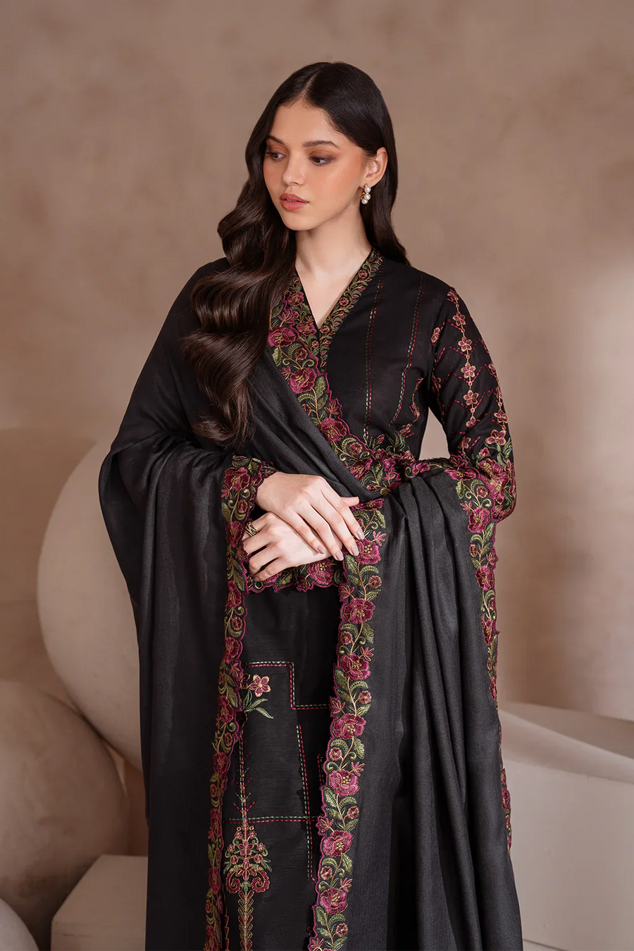 IZNIK 3PC DHANAK EMBROIDERED SHIRT WITH CHIFFON EMBROIDERED SHAWL & TROUSER-BIC - 4134