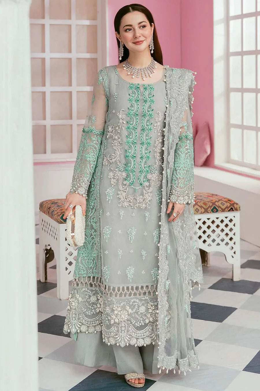 ELAF-ORGANZA PANEL EMBROIDERED ORGANZA DAMAN WITH PEARL WITH ORGANZA EMBROIDERED READY TO WEAR DUPATTA-3424