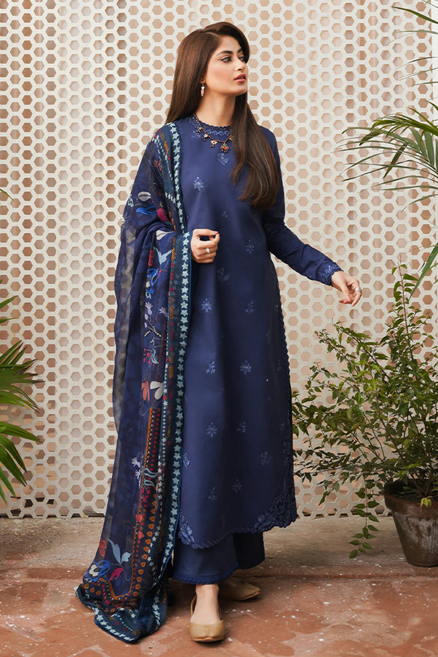 SERAN - UNSTITCHED 3PC LAWN EMBROIDERED SHIRT WITH MONARK PRINT DUPATTA & TROUSER - 3511