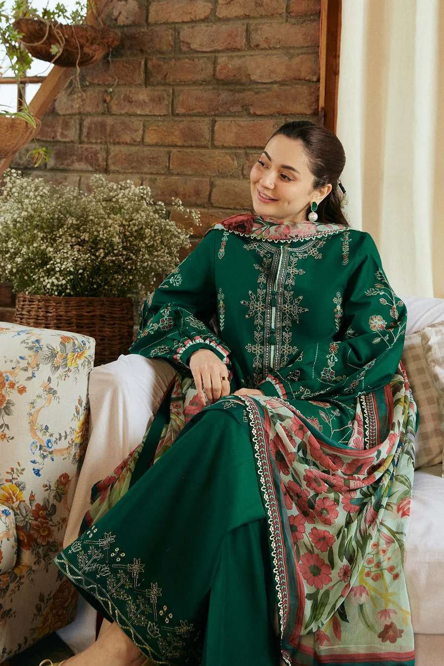 ZARA SHAHJAHAN - UNSTITCHED 3PC LAWN EMBROIDERED SHIRT WITH MONARK PRINT DUPATTA & EMBROIDERED TROUSER - 3545