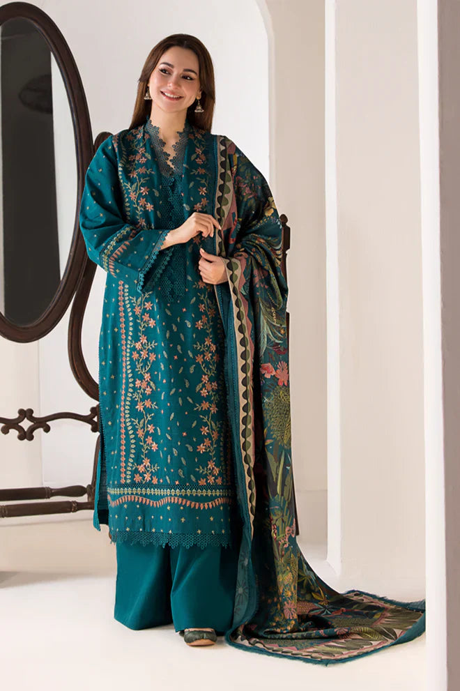SOBIA NAZIR-3PC DHANAK EMBROIDERED SHIRT WITH COUTRAI PRINTED SHAWL AND TROUSER-14037