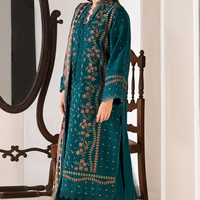 SOBIA NAZIR-3PC DHANAK EMBROIDERED SHIRT WITH COUTRAI PRINTED SHAWL AND TROUSER-14037