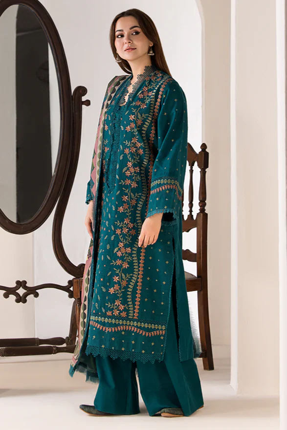 SOBIA NAZIR-3PC DHANAK EMBROIDERED SHIRT WITH COUTRAI PRINTED SHAWL AND TROUSER-14037