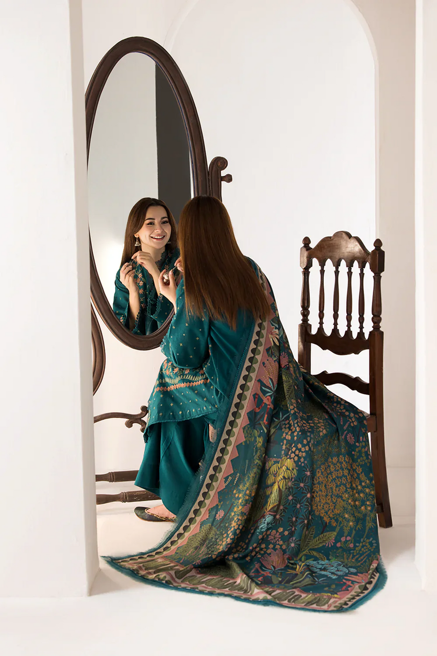 SOBIA NAZIR-3PC DHANAK EMBROIDERED SHIRT WITH COUTRAI PRINTED SHAWL AND TROUSER-14037