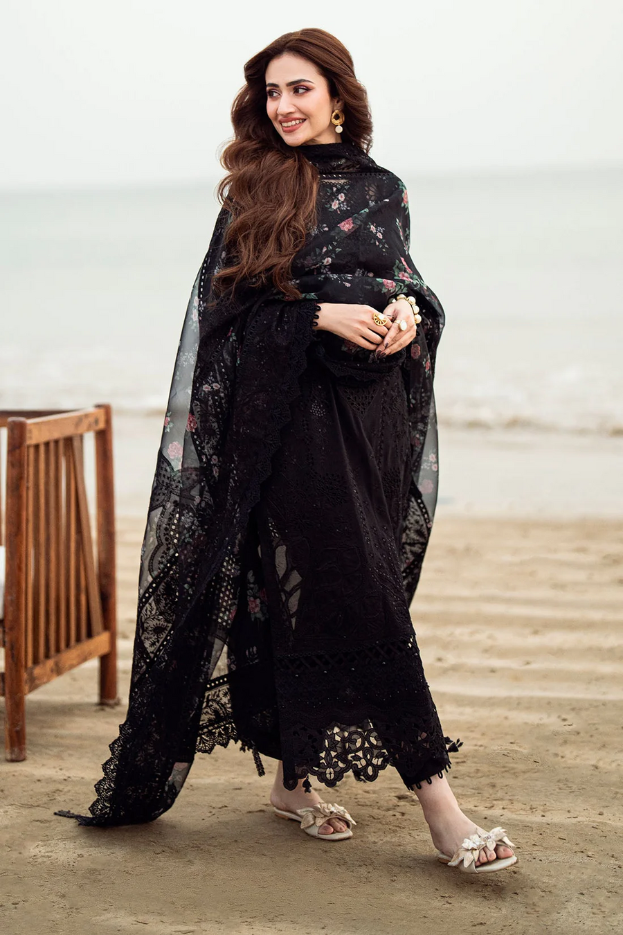 NUREH-3PC LAWN CHIKENKARI LASER EMBROIDERED SHIRT WITH ORGANZA EMBROIDERED PRINT DUPATTA - NS 3667