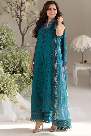 SOBIA NAZIR-3PC DHANAK CHIKAN EMBROIDERED SHIRT WITH COURTRAI PRINTED SHAWL AND TROUSER-14096