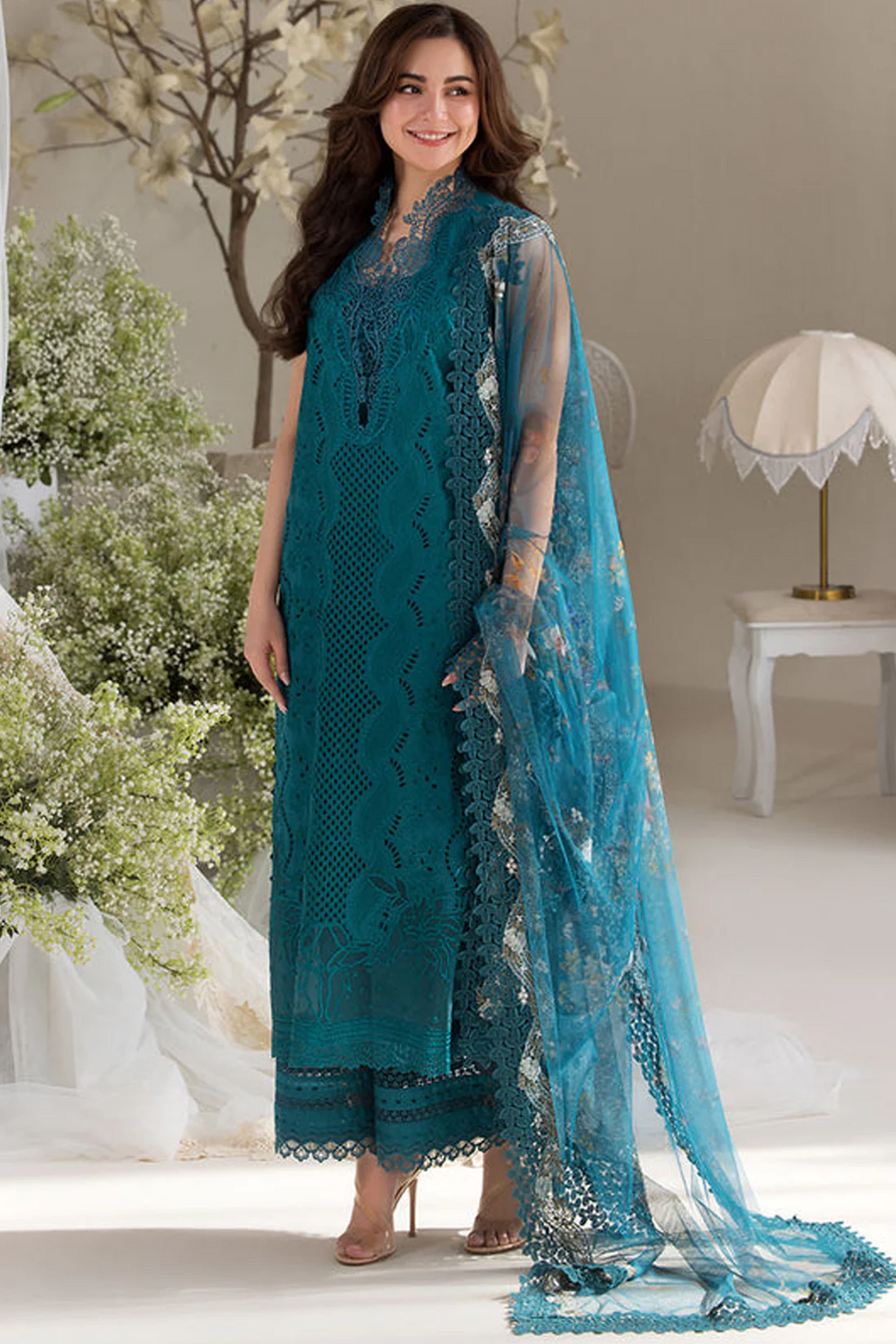 SOBIA NAZIR-3PC DHANAK CHIKAN EMBROIDERED SHIRT WITH COURTRAI PRINTED SHAWL AND TROUSER-14096