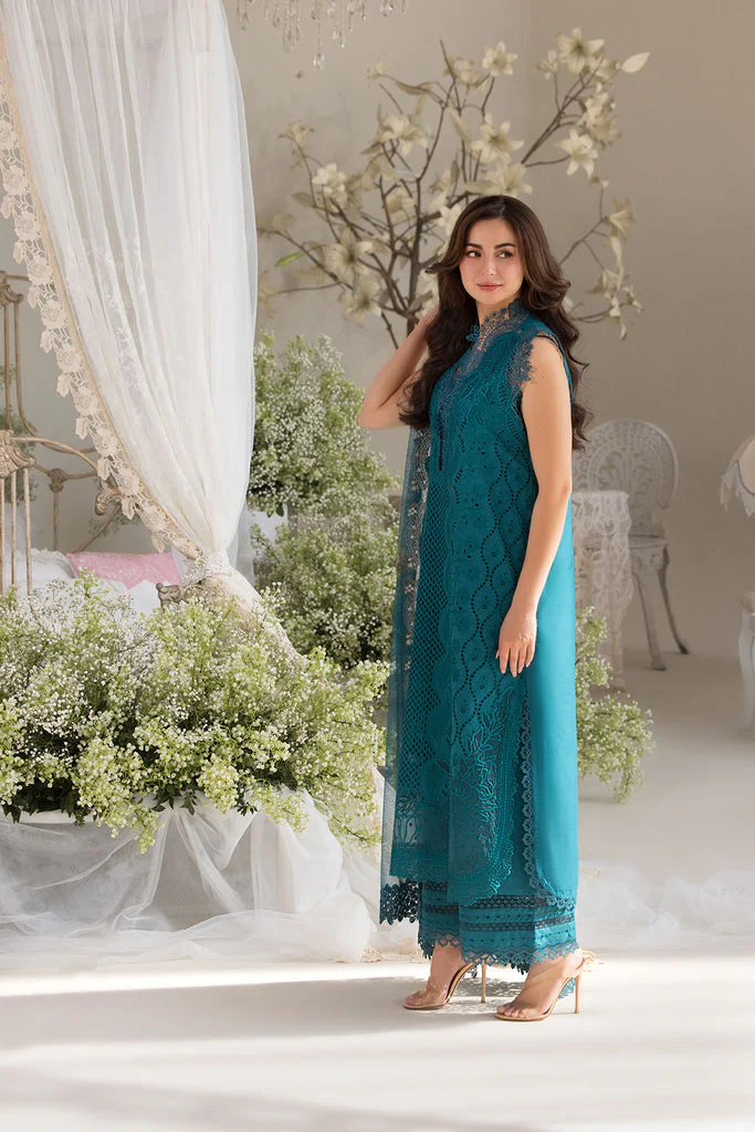 SOBIA NAZIR-3PC DHANAK CHIKAN EMBROIDERED SHIRT WITH COURTRAI PRINTED SHAWL AND TROUSER-14096