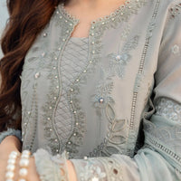 NUREH-3PC DHANAK LASER WORK EMBROIDERED SHIRT WITH KHADDI NET EMBROIDERED DUPATTA & TROUSER - 14214