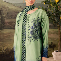 NUREH-3PC SHAMOZE SILK UNSTITCEHD PRINTED EMBROIDERED SHIRT WITH SOFT SILK PRINTED EMB DUPATTA & TROUSER BIC-11736