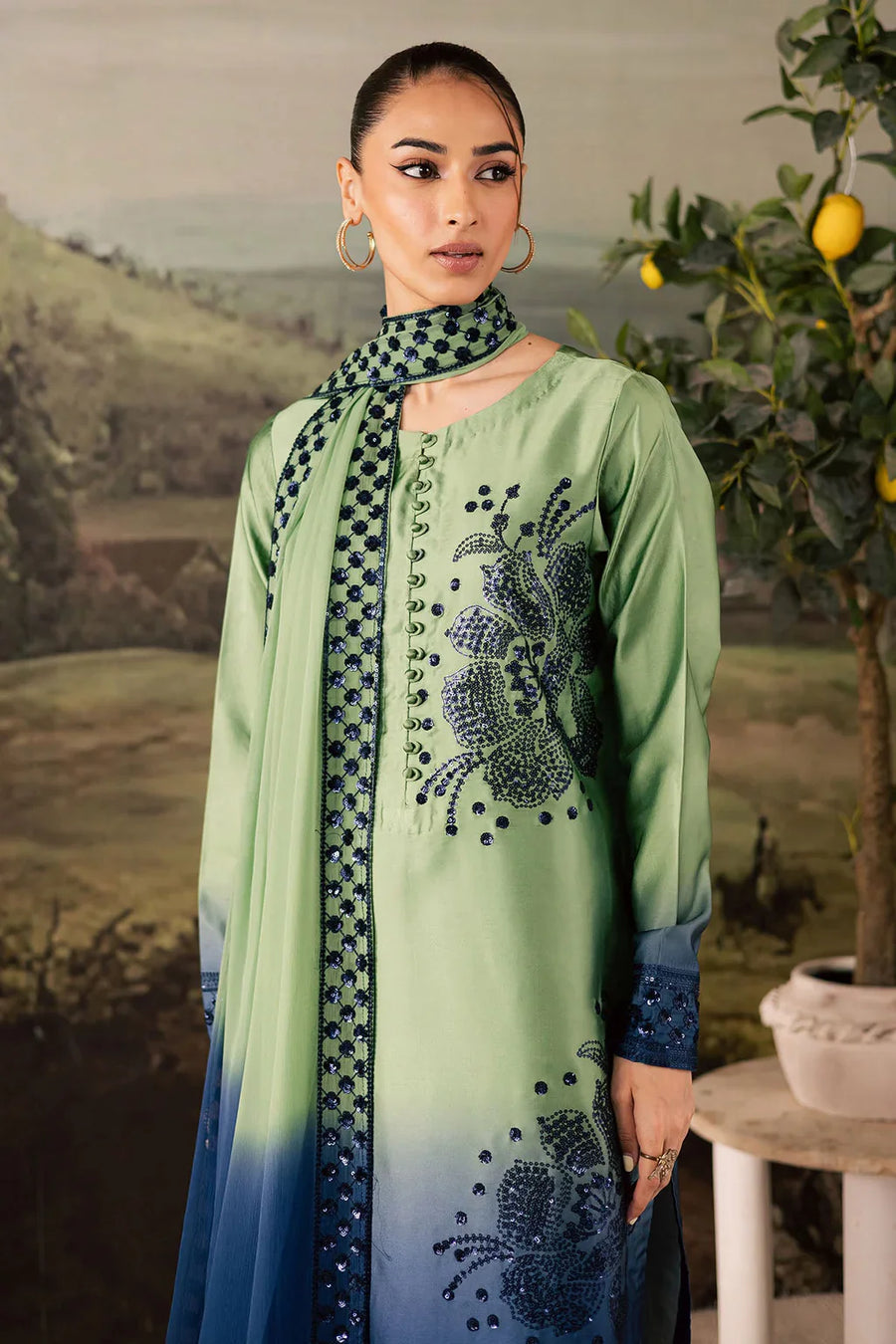 NUREH-3PC SHAMOZE SILK UNSTITCEHD PRINTED EMBROIDERED SHIRT WITH SOFT SILK PRINTED EMB DUPATTA & TROUSER BIC-11736