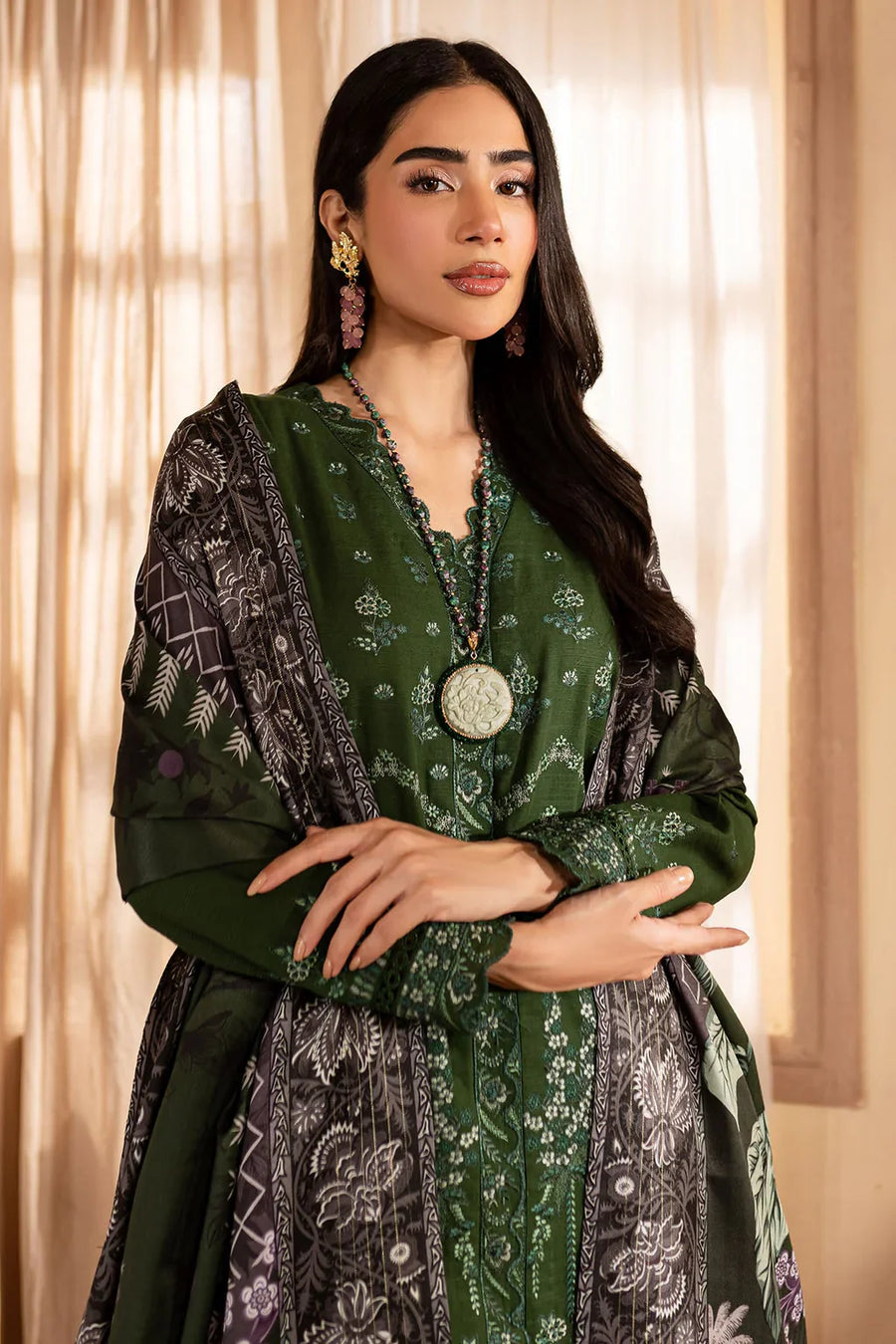 NUREH-3PC DHANAK EMBROIDERED SHIRT WITH COURTRAI PRINTED SHAWL & TROUSER-BIC-14324