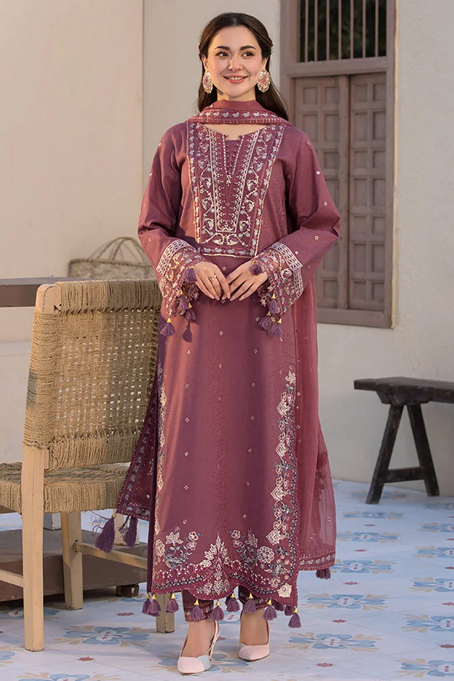 JADE-3PC DHANAK SEQUENCE EMBROIDERED SHIRT WITH CHIFFON EMBROIDERED DUPATTA AND TROUSER - 14087