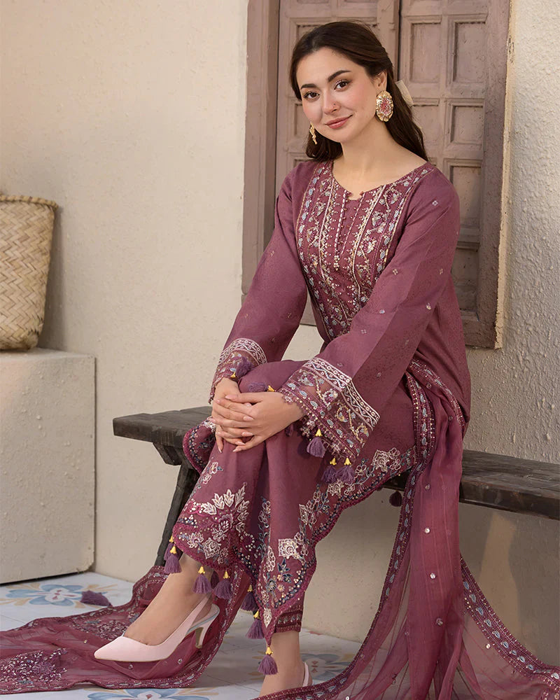 JADE-3PC DHANAK SEQUENCE EMBROIDERED SHIRT WITH CHIFFON EMBROIDERED DUPATTA AND TROUSER - 14087