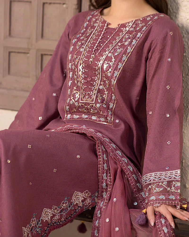 JADE-3PC DHANAK SEQUENCE EMBROIDERED SHIRT WITH CHIFFON EMBROIDERED DUPATTA AND TROUSER - 14087