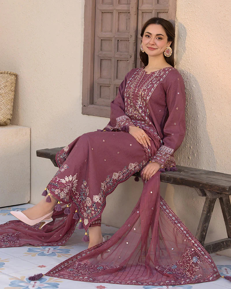 JADE-3PC DHANAK SEQUENCE EMBROIDERED SHIRT WITH CHIFFON EMBROIDERED DUPATTA AND TROUSER - 14087