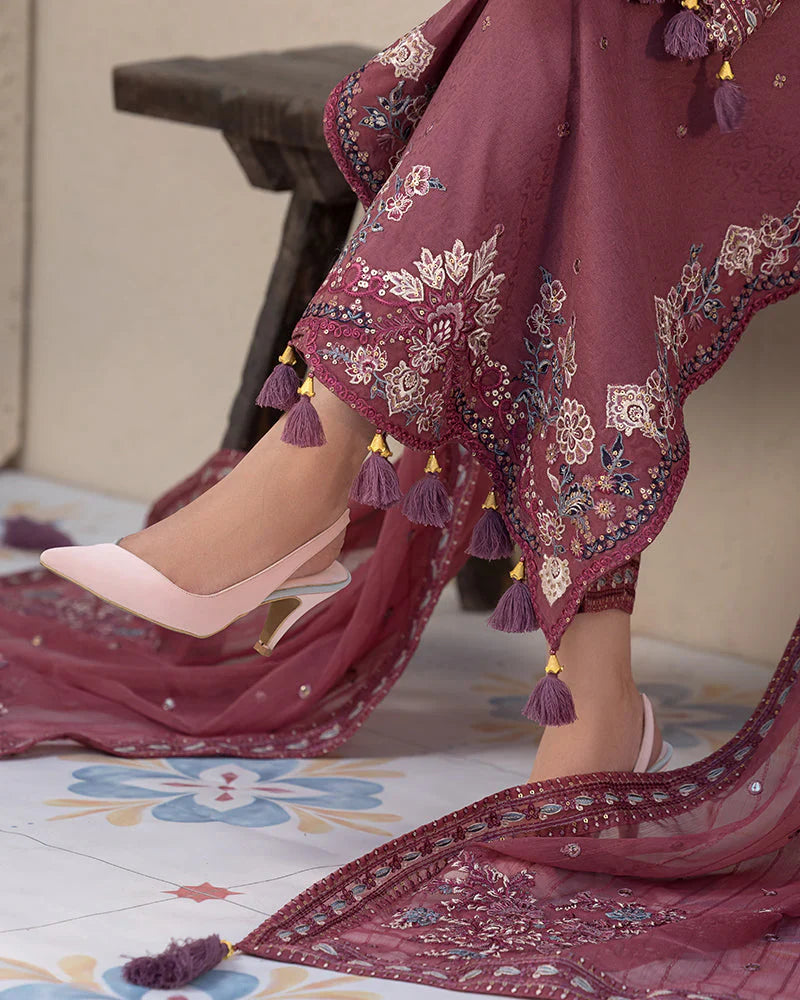 JADE-3PC DHANAK SEQUENCE EMBROIDERED SHIRT WITH CHIFFON EMBROIDERED DUPATTA AND TROUSER - 14087