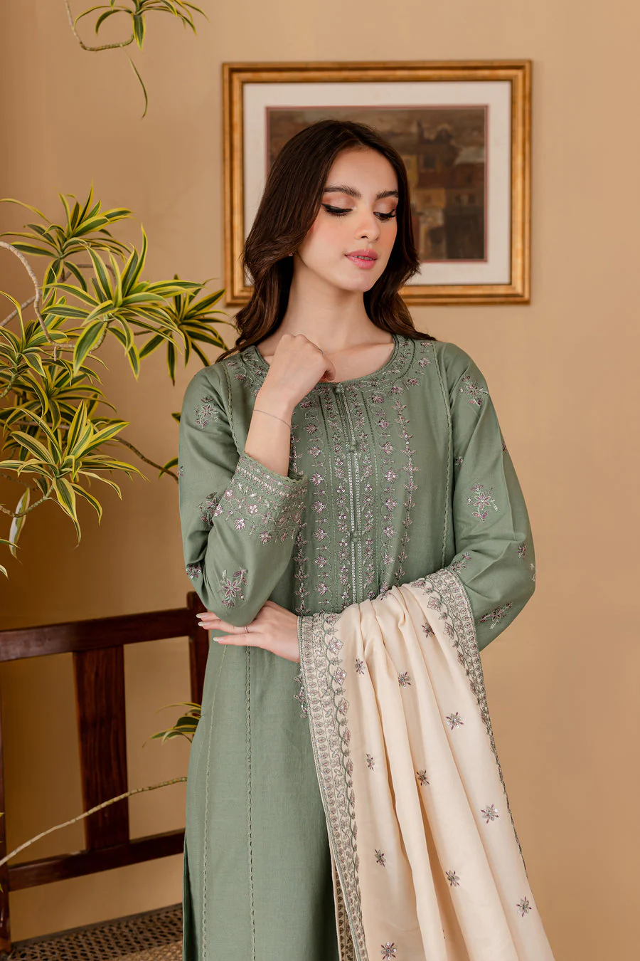 BATIK-3PC DHANAK EMBROIDERED SHIRT WITH DHANAK EMBROIDERED SHAWL AND TROUSER - 14011