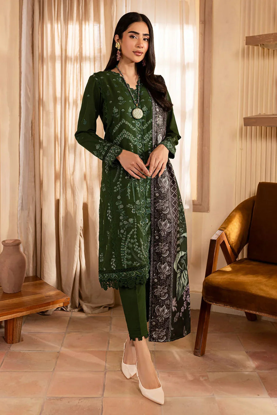 NUREH-3PC DHANAK EMBROIDERED SHIRT WITH COURTRAI PRINTED SHAWL & TROUSER-BIC-14324