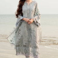 NUREH-3PC DHANAK LASER WORK EMBROIDERED SHIRT WITH KHADDI NET EMBROIDERED DUPATTA & TROUSER - 14214