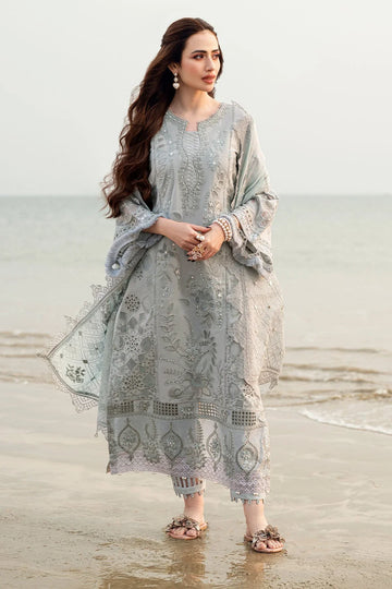 NUREH-3PC DHANAK LASER WORK EMBROIDERED SHIRT WITH KHADDI NET EMBROIDERED DUPATTA & TROUSER - 14214