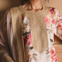 ZAINAB CHOTANI - 3PC UNSTITCHED SHAMOZE SILK PRINTED EMBROIDERED SHIRT WITH SOFT SILK PRINTED EMB DUPATTA & EMB TROUSER-11721