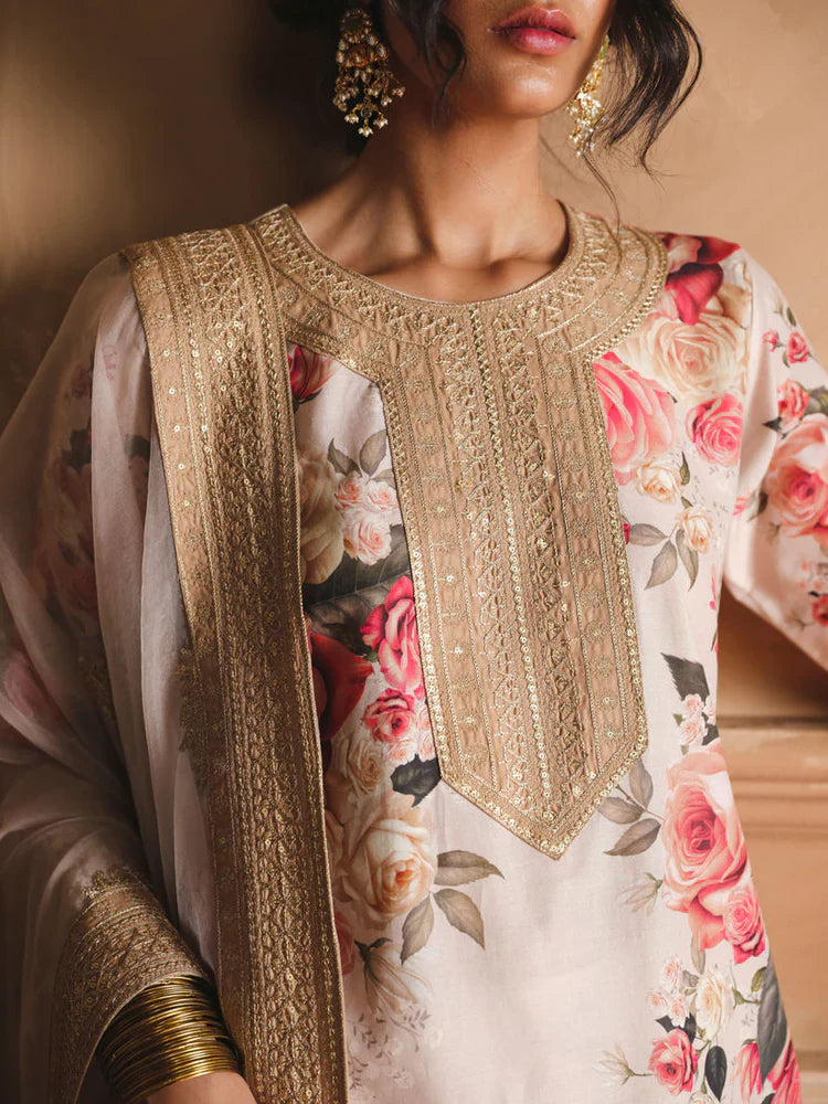 ZAINAB CHOTANI - 3PC UNSTITCHED SHAMOZE SILK PRINTED EMBROIDERED SHIRT WITH SOFT SILK PRINTED EMB DUPATTA & EMB TROUSER-11721