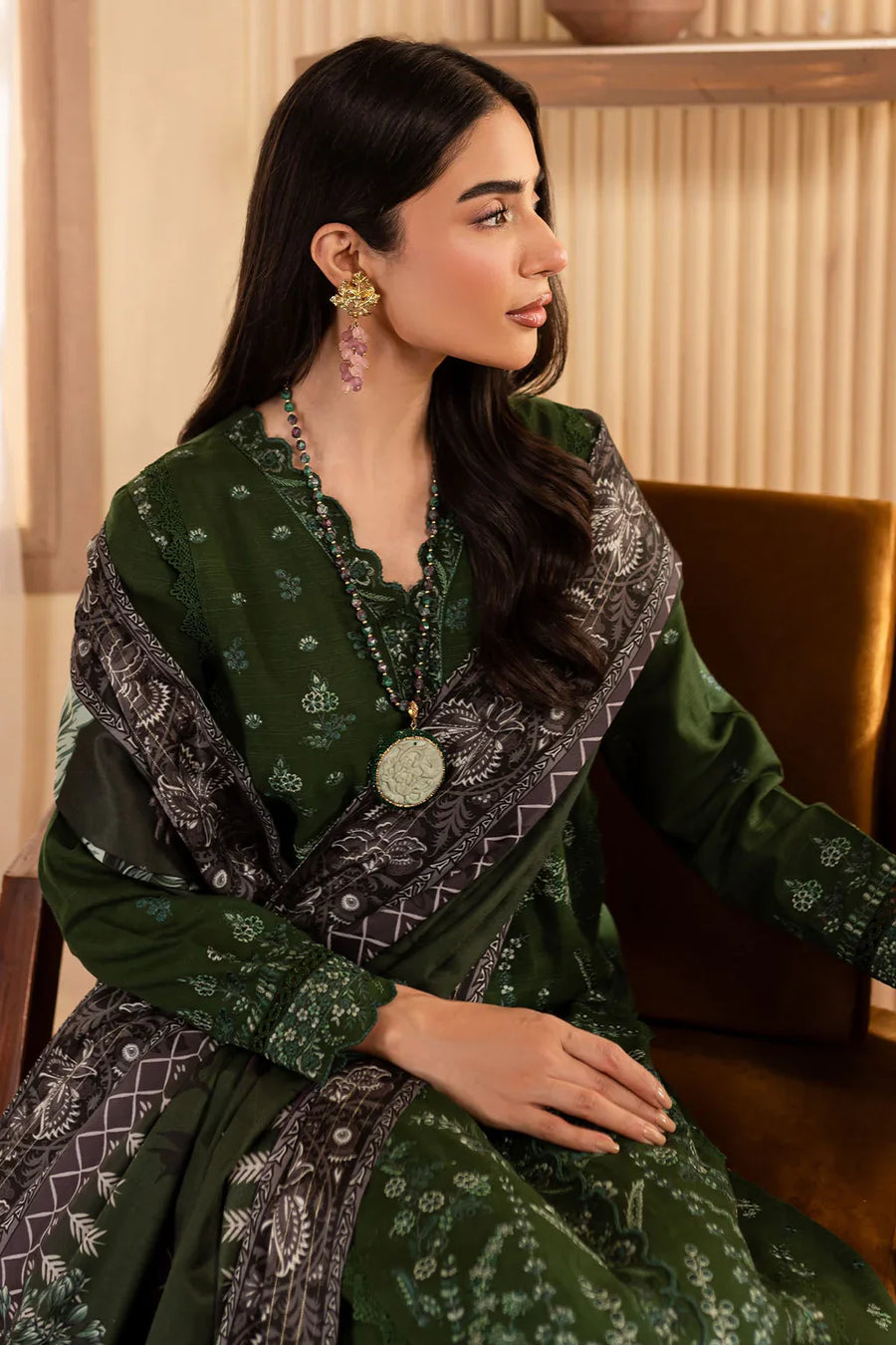 NUREH-3PC DHANAK EMBROIDERED SHIRT WITH COURTRAI PRINTED SHAWL & TROUSER-BIC-14324